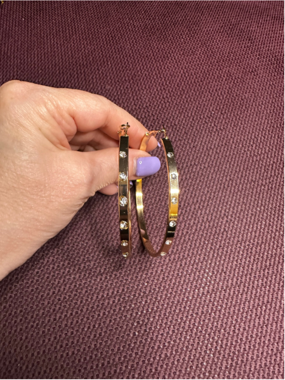 Gold Hoop Earrings with White Rhinestones